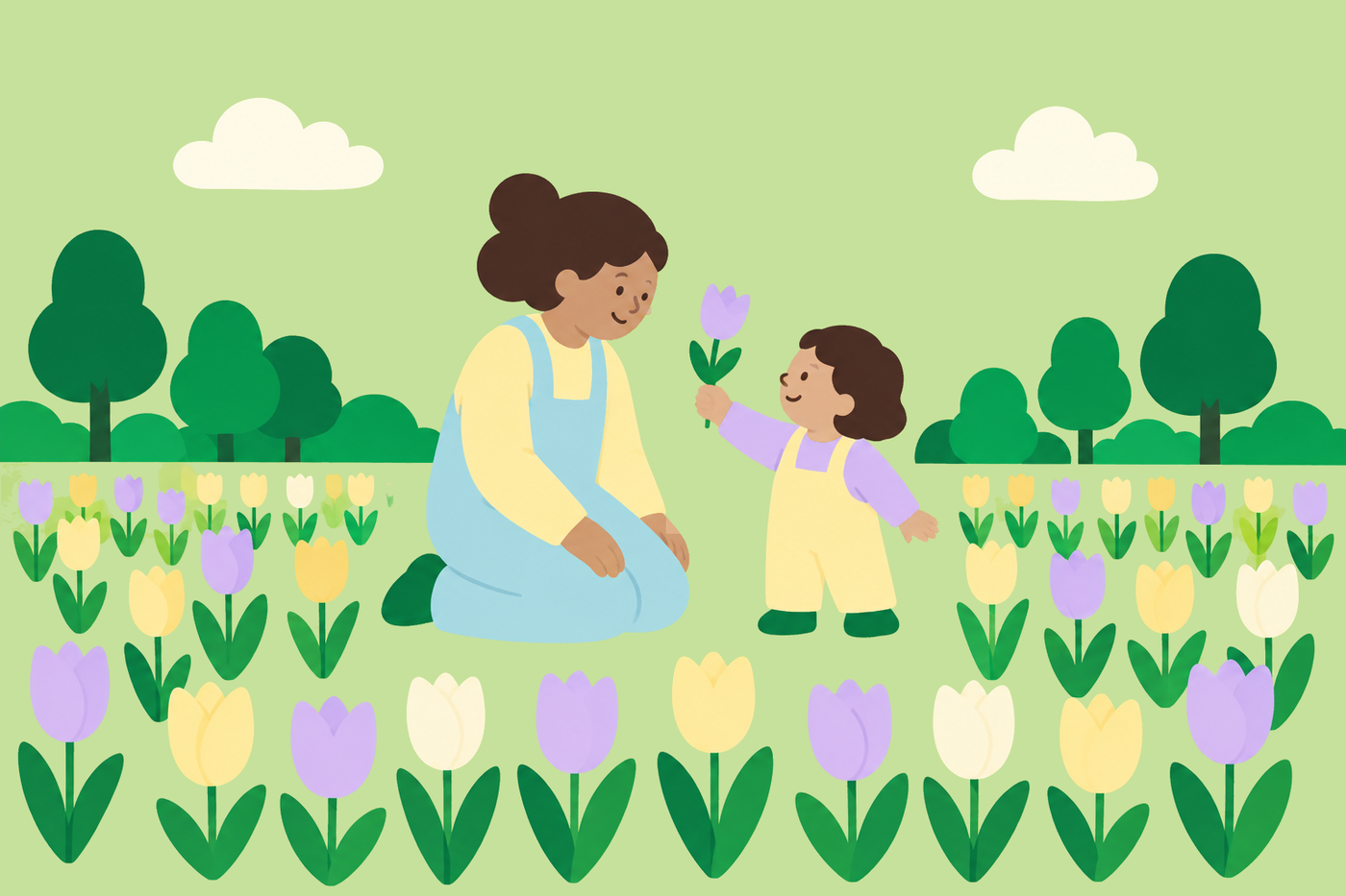 Illustration of a parent kneeling beside a child holding up a tulip in a tulip field