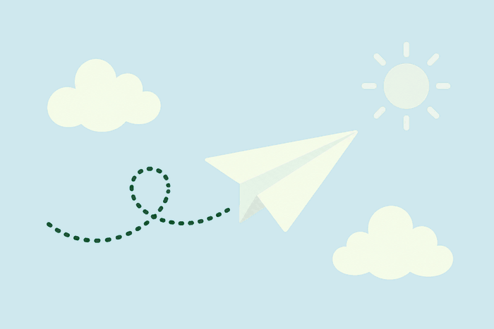 Illustration of a paper airplane flying past clouds and the sun