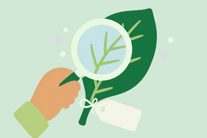 Illustration of a hand holding a magnifying glass over a leaf with a label tag