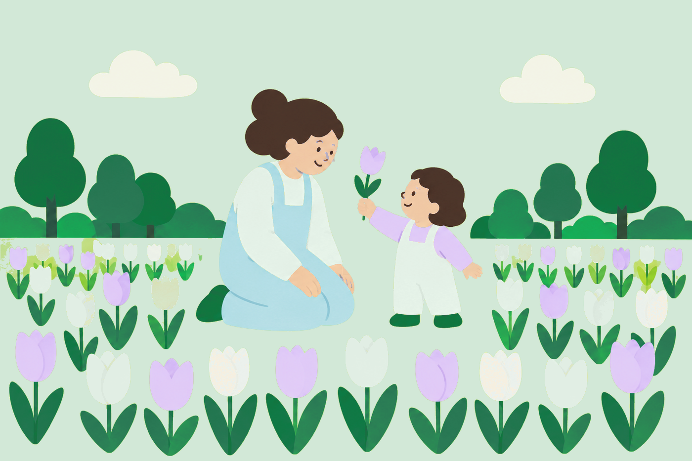 Illustration of a parent and child in a field of tulips